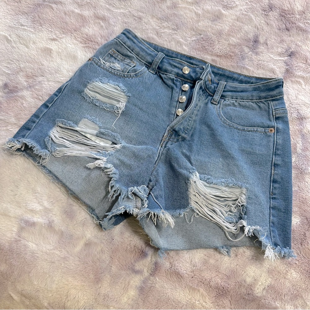 Denim Medium Blue Distressed Jean Shorts